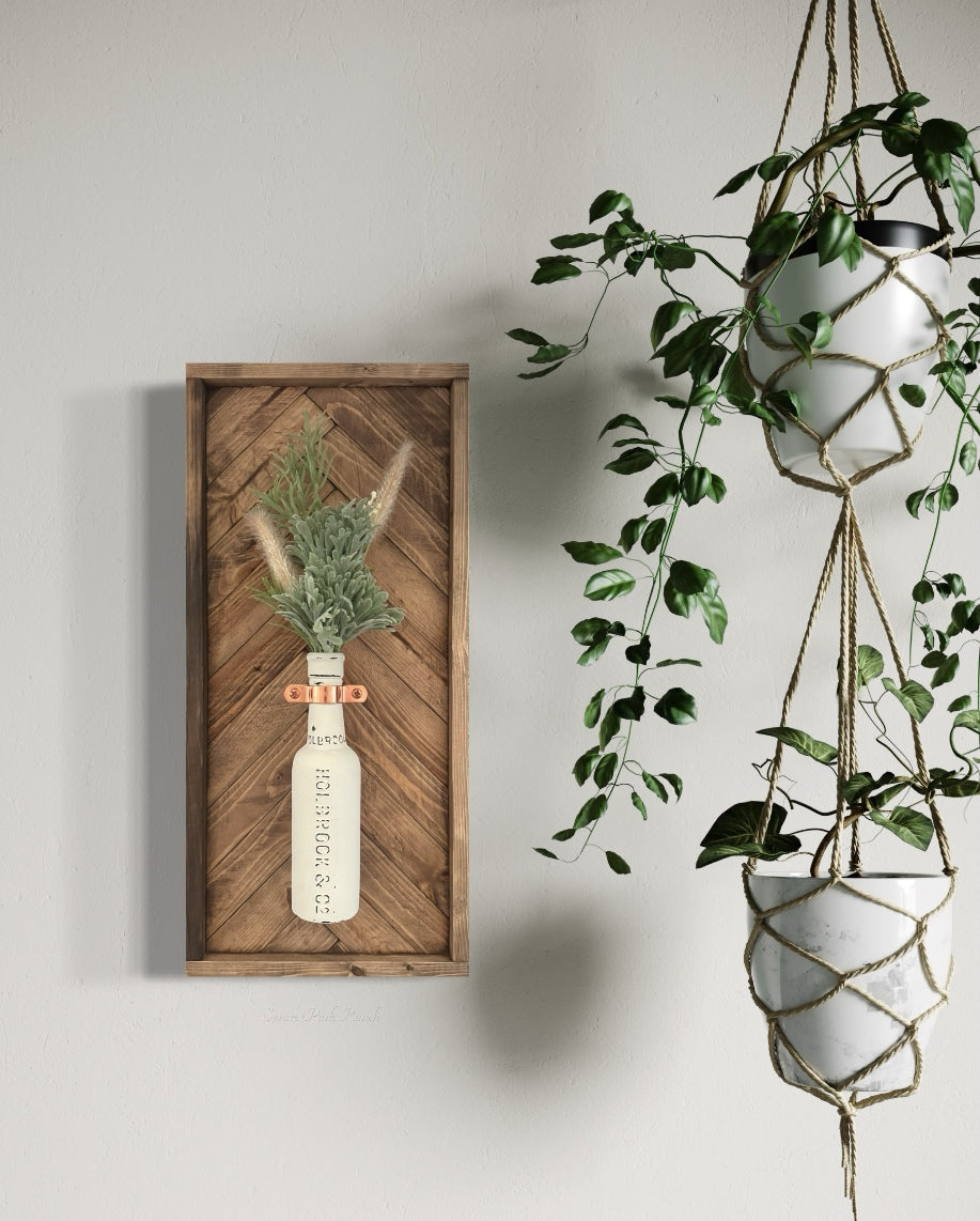 Round Bottle Hanger Wood Frame Herringbone Tall