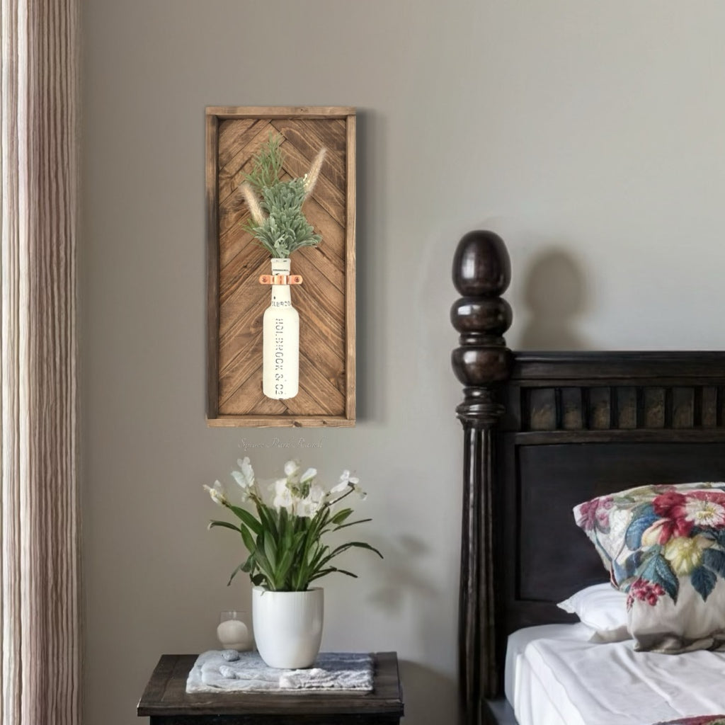 Round Bottle Hanger Wood Frame Herringbone Tall