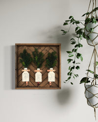 Square Flat Bottles Hanger Wood Frame Herringbone With Evergreens