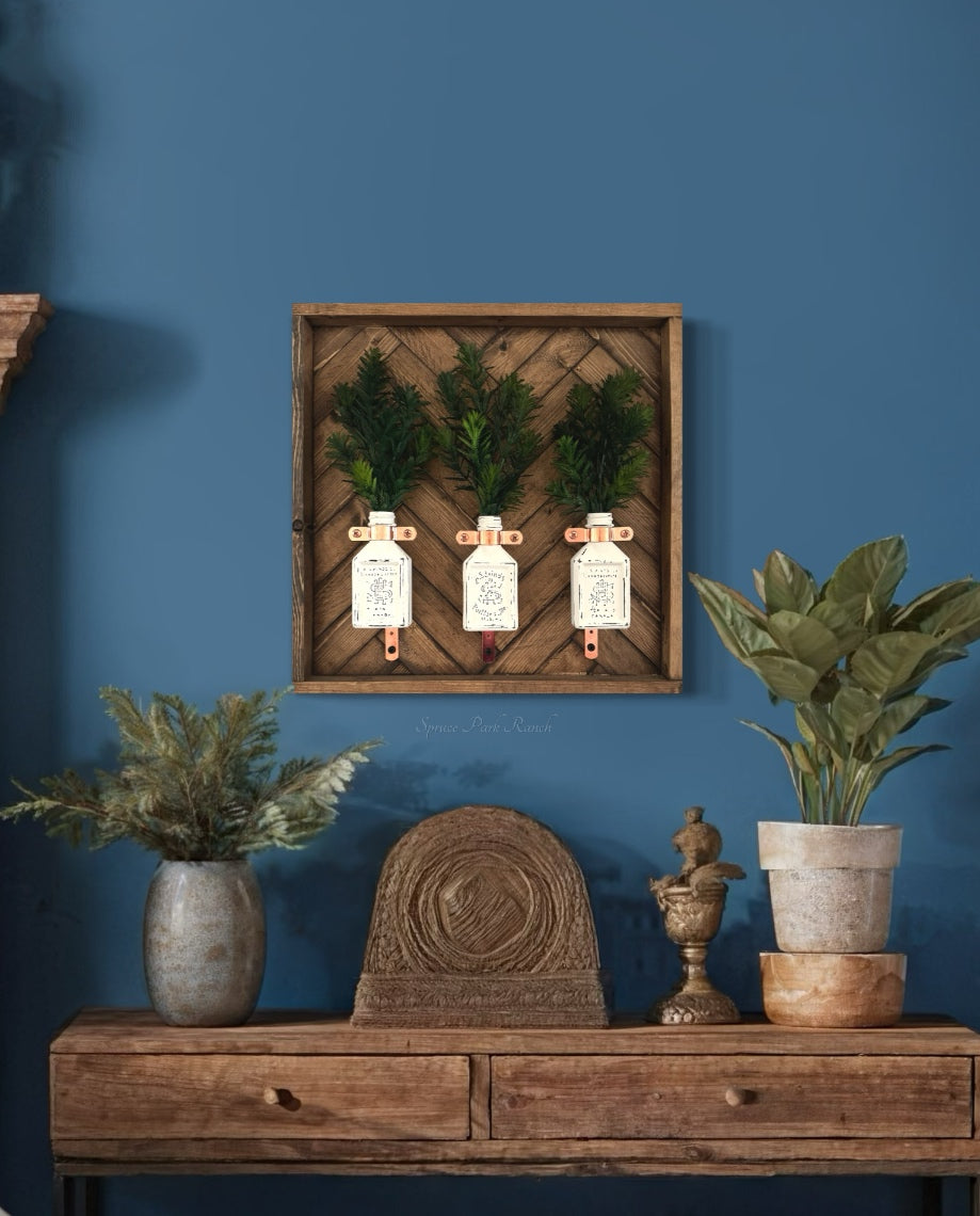 Square Flat Bottles Hanger Wood Frame Herringbone With Evergreens