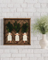 Square Flat Bottles Hanger Wood Frame Herringbone With Evergreens