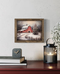 Winter Red Barn Vintage Print