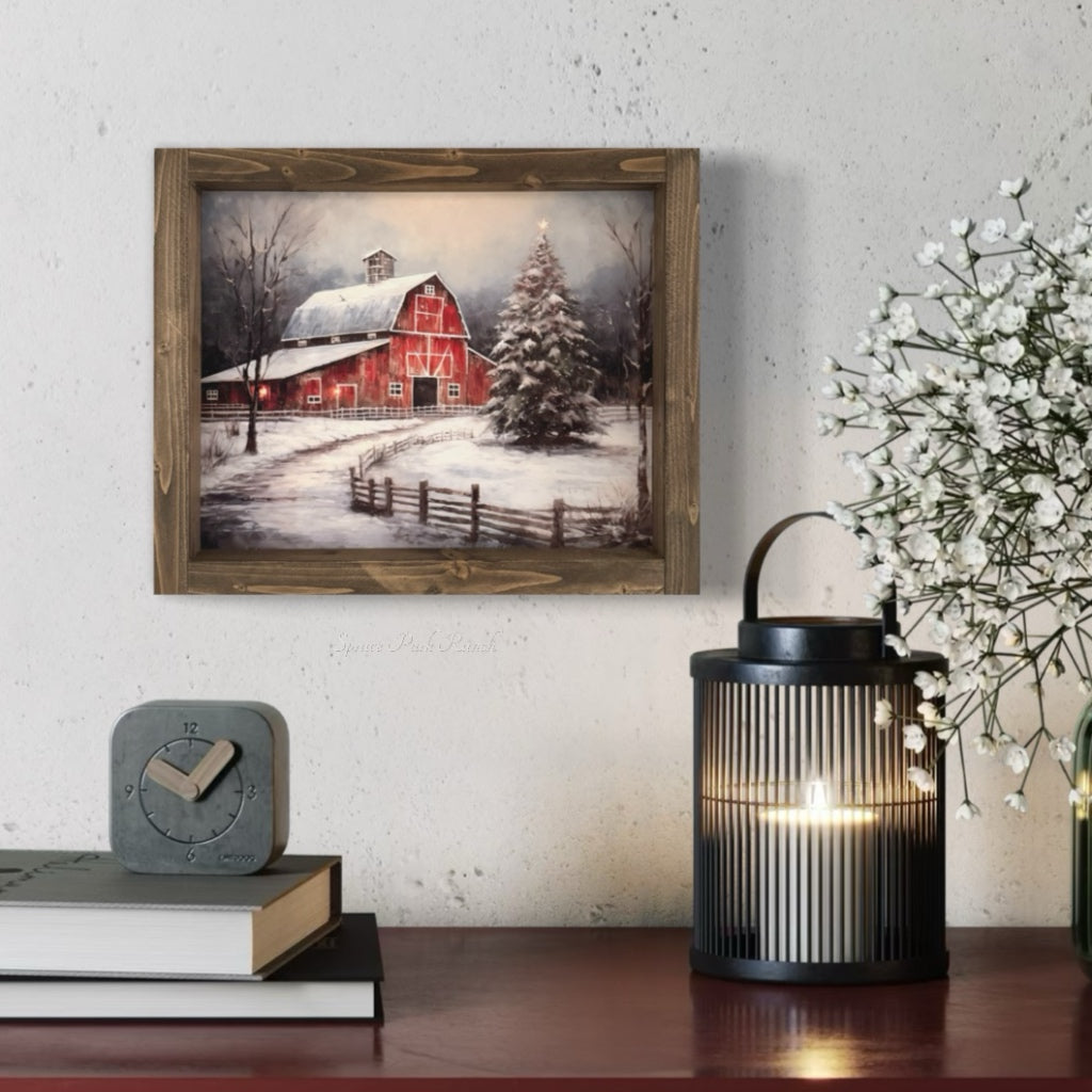 Winter Red Barn Vintage Print