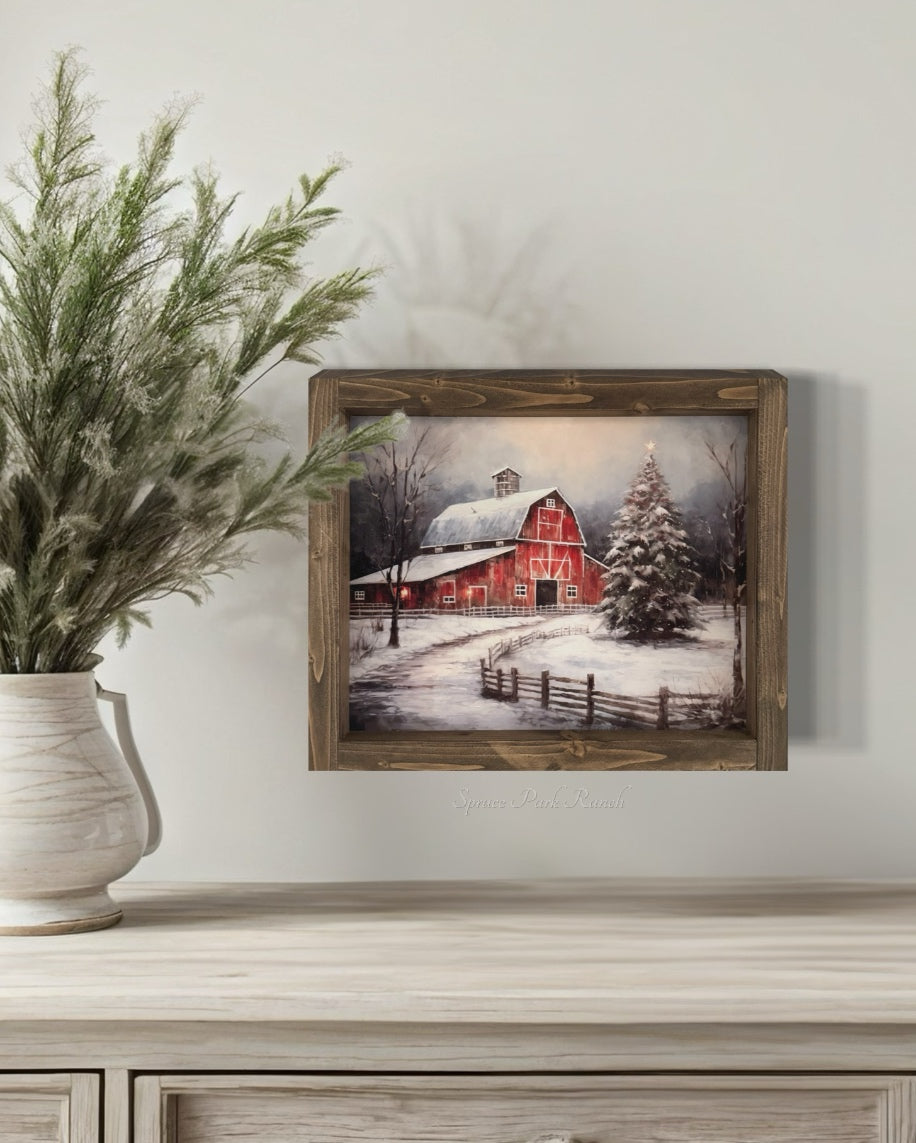 Winter Red Barn Vintage Print