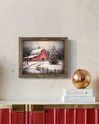 Winter Red Barn Vintage Print