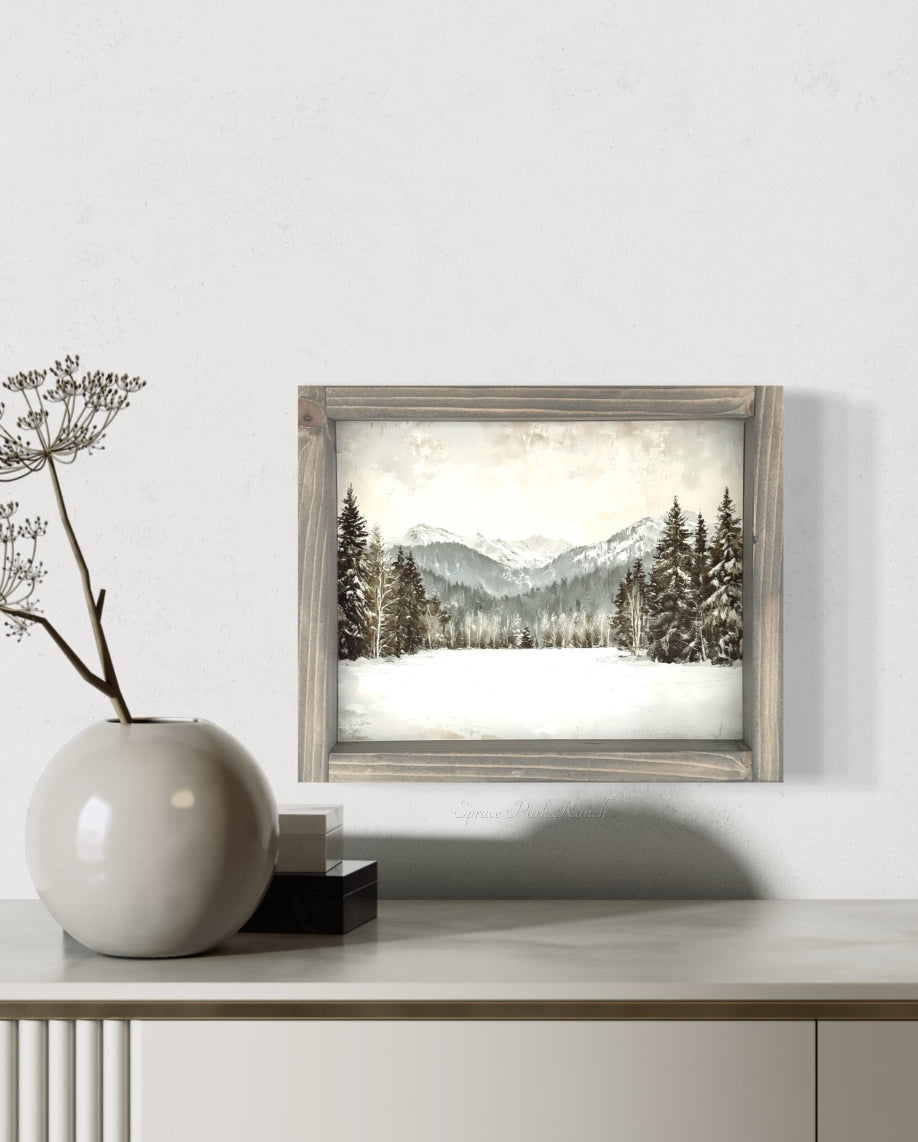 Mountain Landscape Vintage Print Grey Frame