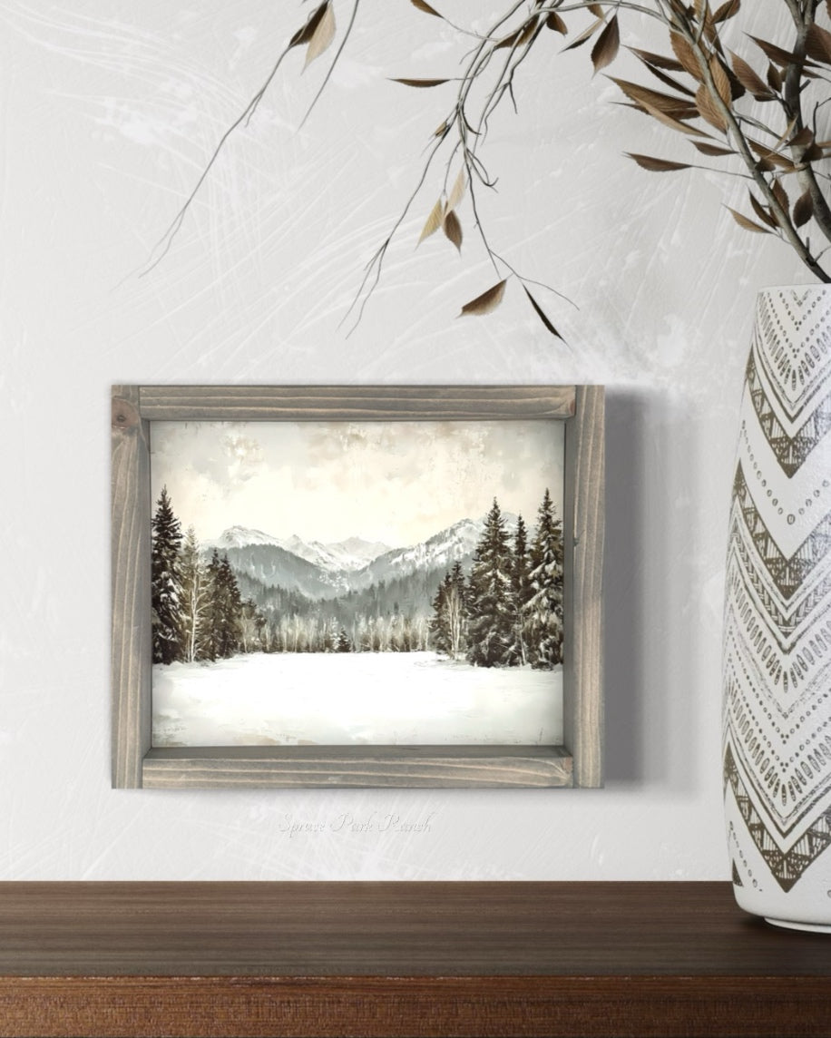 Mountain Landscape Vintage Print Grey Frame