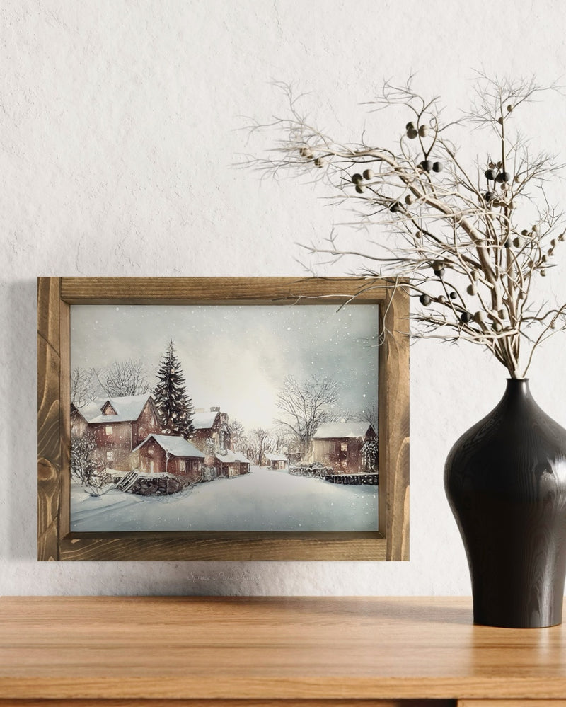 Snowy Town Vintage Print