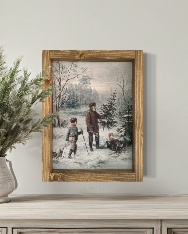 Christmas Tree Picking Vintage Print Brown Frame