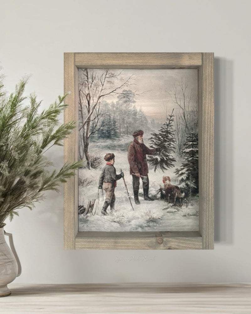 Christmas Tree Picking Vintage Print Grey Frame