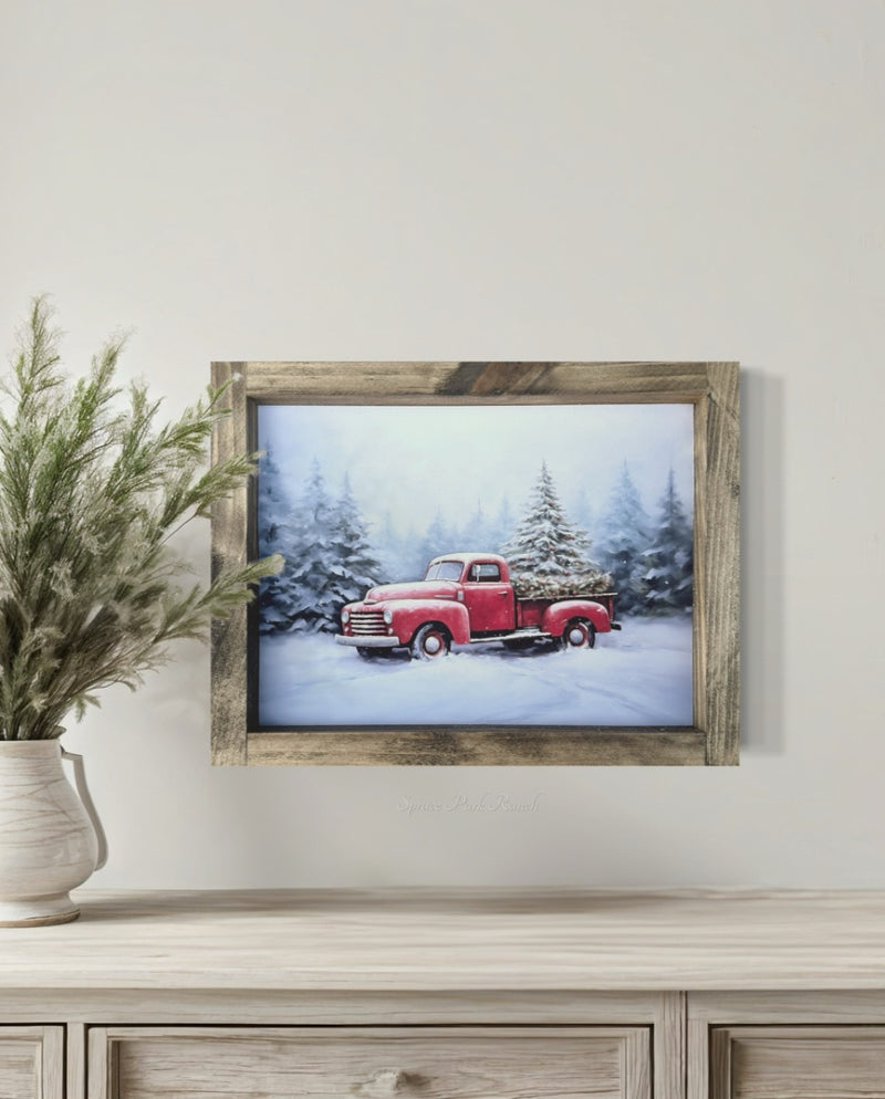 Red Christmas Truck Vintage Print