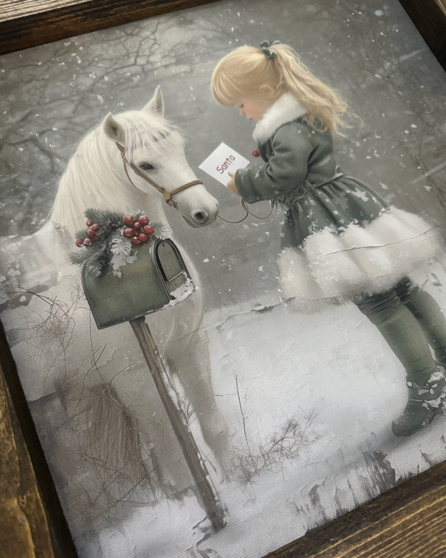 Little Girl with White Horse and Mail Box Canvas Print