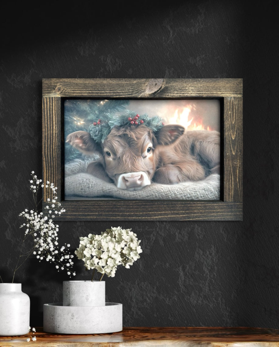 Laying Down Brown Calf With Berry Wreath Canvas Print