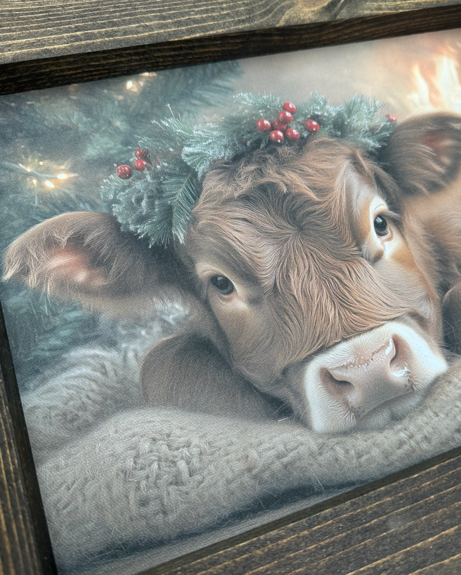 Laying Down Brown Calf With Berry Wreath Canvas Print