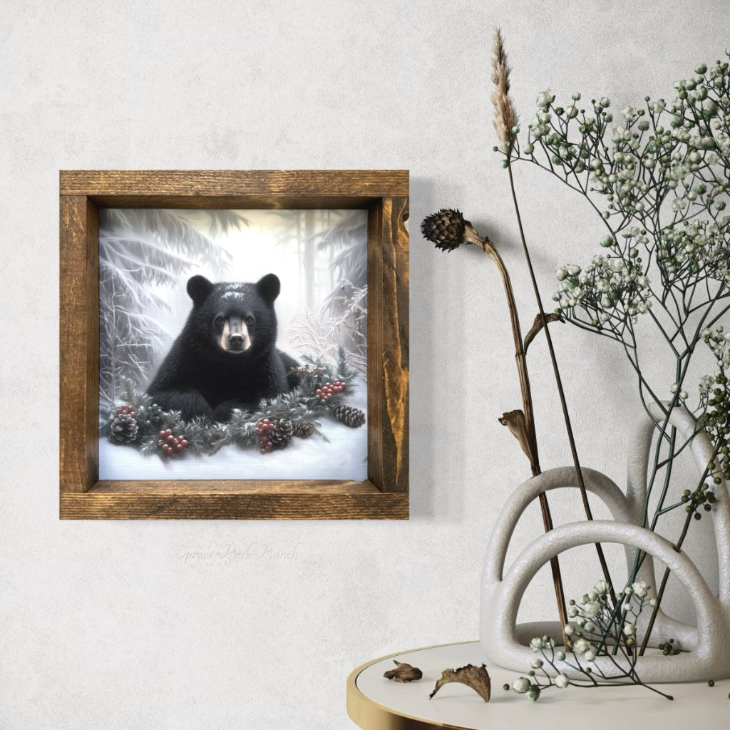 Laying Down Black Bear on Berry Garland Canvas Print