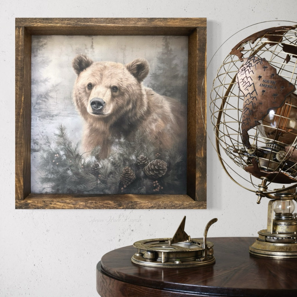 Grizzly Bear With Greenery Canvas Print