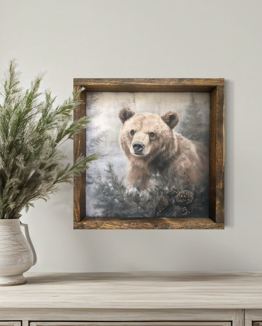 Grizzly Bear With Greenery Canvas Print