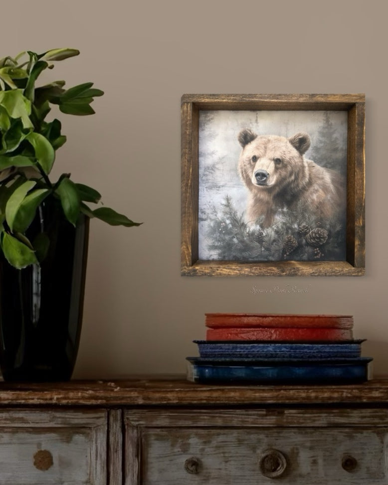 Grizzly Bear With Greenery Canvas Print