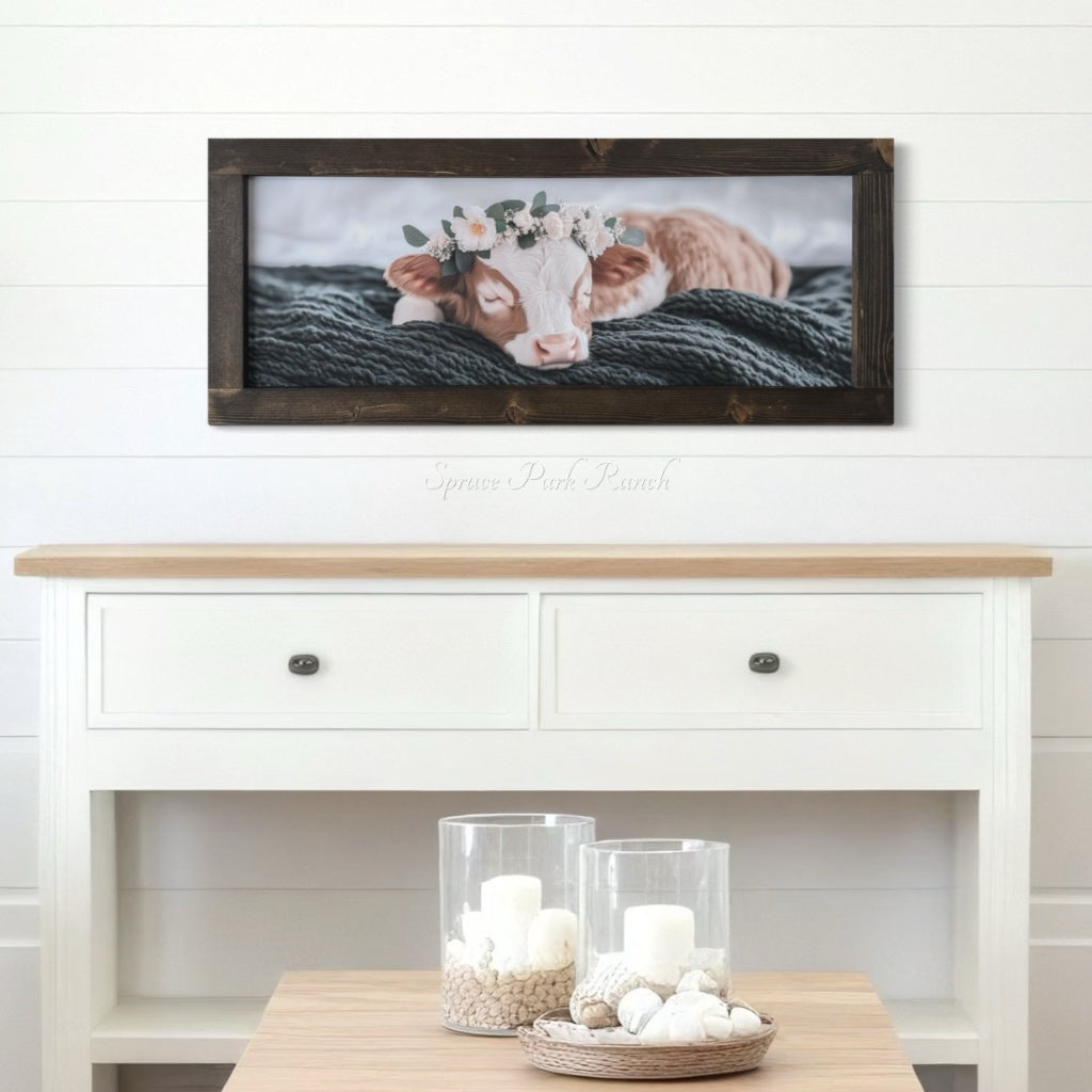 Brown and White Calf in Bed Canvas Print 15” x 36”