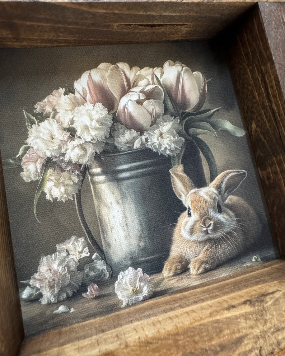 Bunny With Tulips and Peonies Bucket Canvas Print