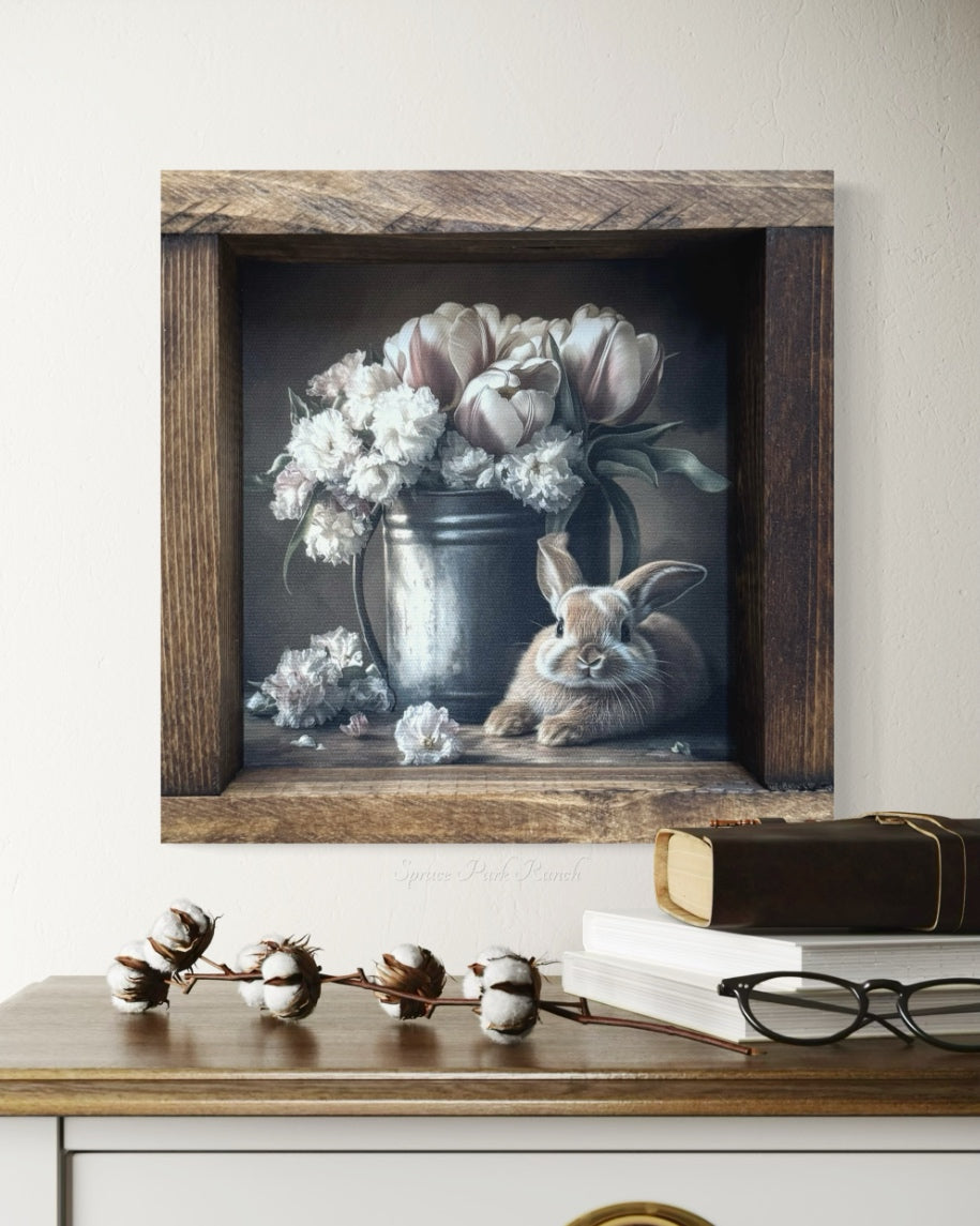 Bunny With Tulips and Peonies Bucket Canvas Print