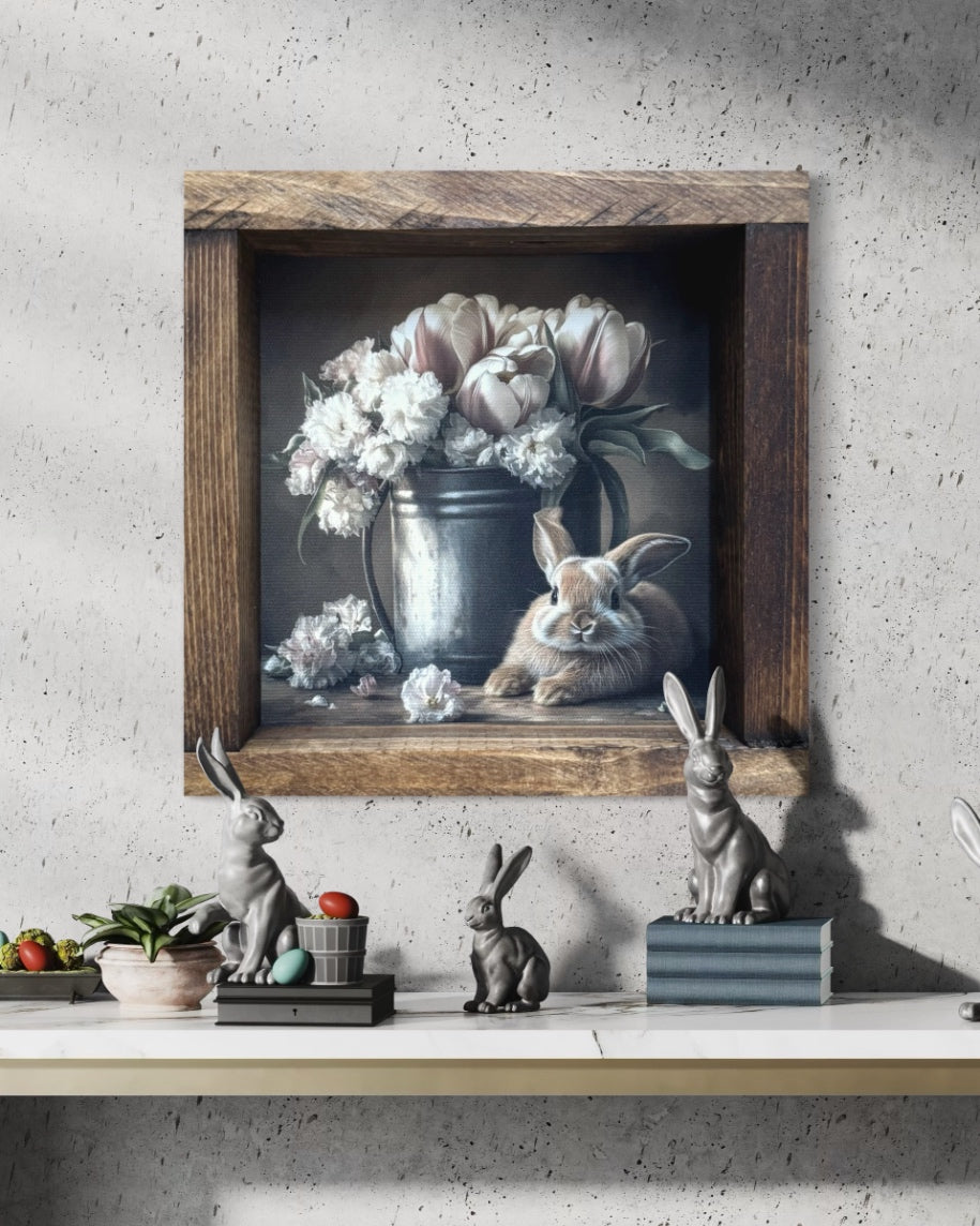 Bunny With Tulips and Peonies Bucket Canvas Print