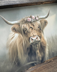 Highland Cow with Rose Crown Canvas Print Rectangular