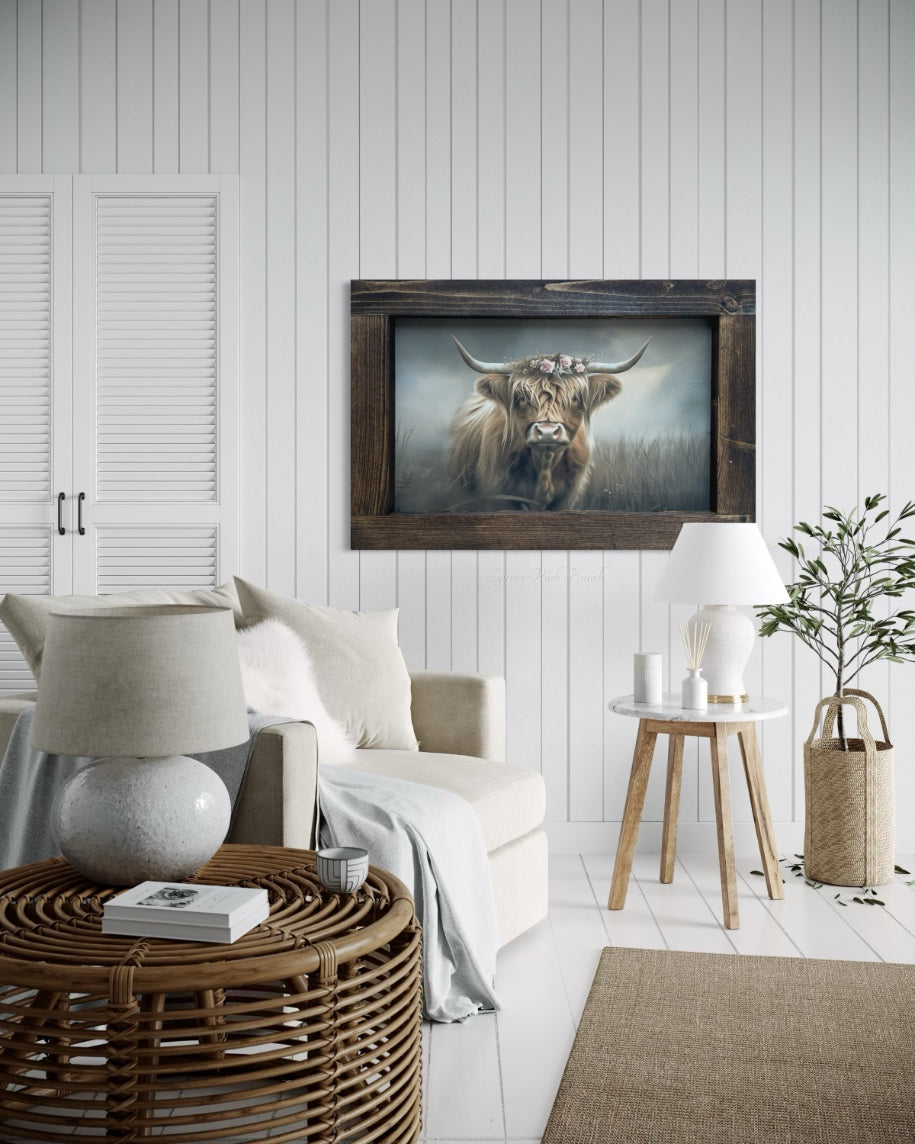 Highland Cow with Rose Crown Canvas Print Rectangular