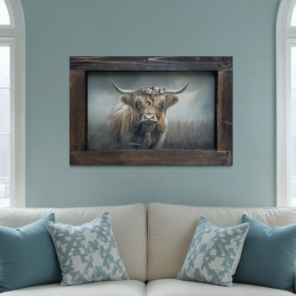 Highland Cow with Rose Crown Canvas Print Rectangular