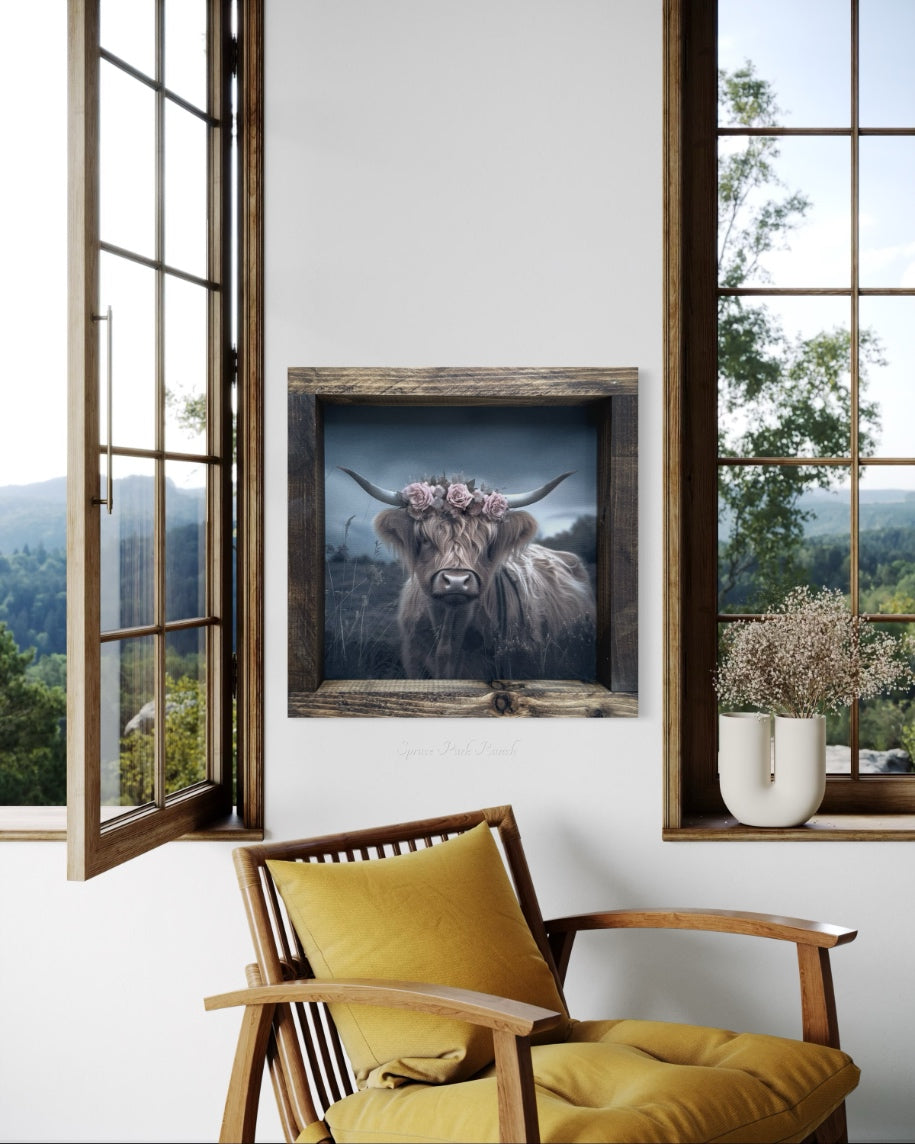 Highland Cow With Rose Crown Canvas Print Square