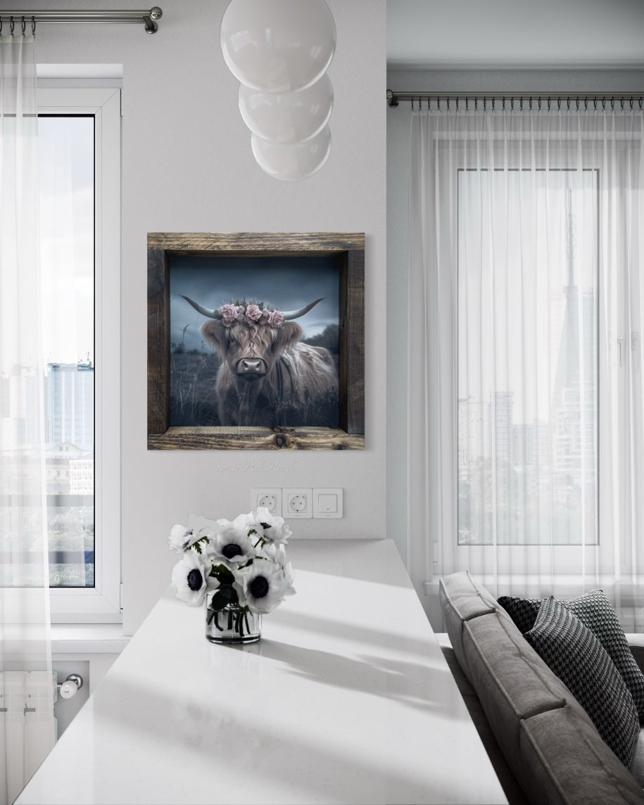 Highland Cow With Rose Crown Canvas Print Square