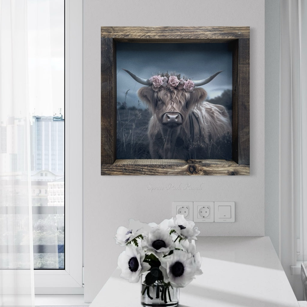 Highland Cow With Rose Crown Canvas Print Square