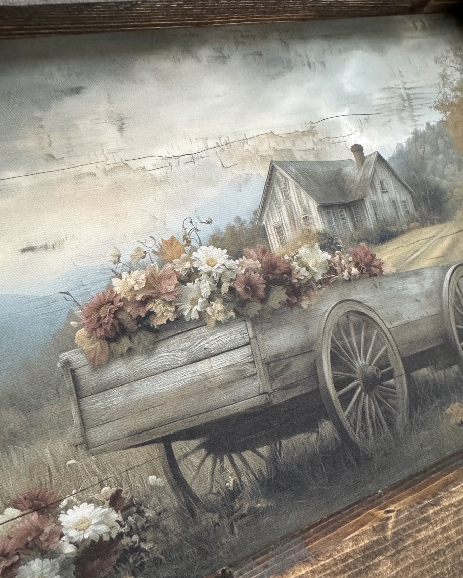 Farmhouse With Vintage Flower Wagon Canvas Print