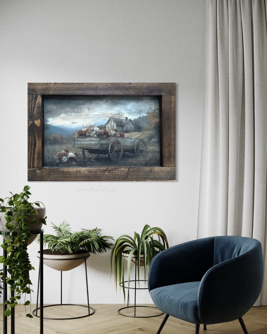 Farmhouse With Vintage Flower Wagon Canvas Print