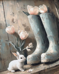 Distressed Rain Boots With Bunny Canvas Print