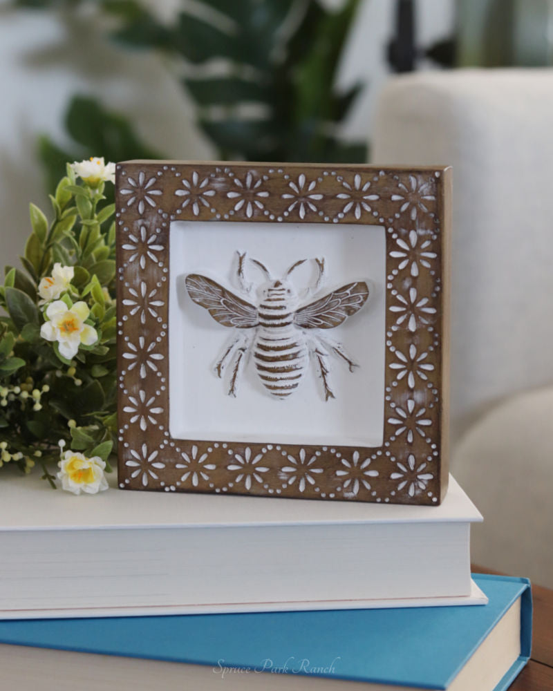 Whitewashed Carved Insect Shadow Box