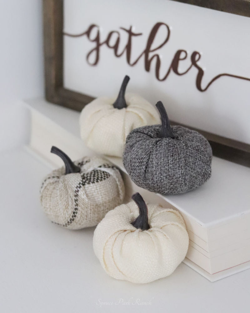 Mini Cream and Grey Burlap Pumpkins Set of Four