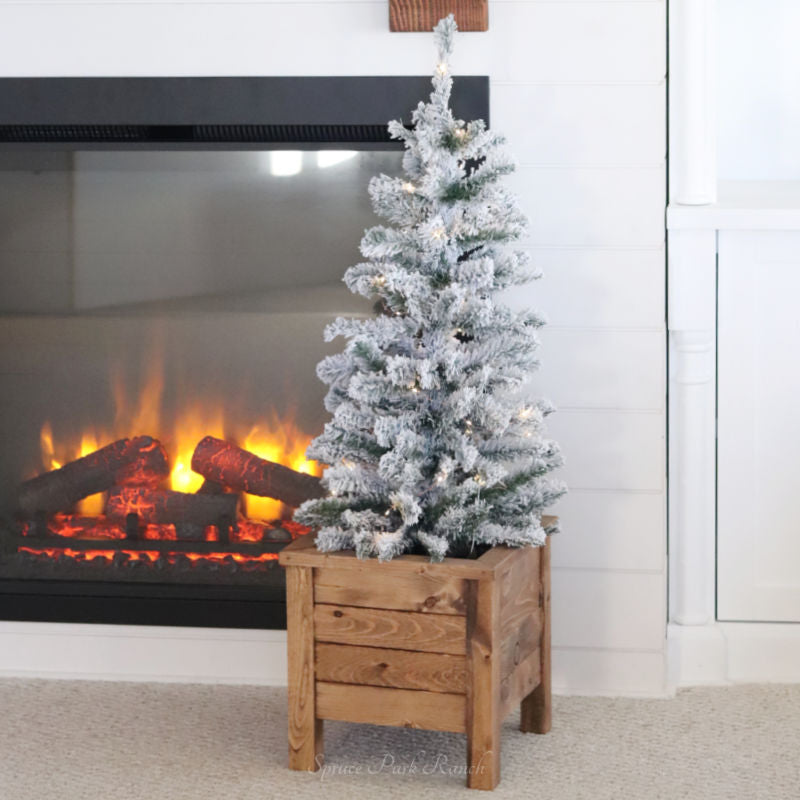 Snowy Tree In Wood Planter Large