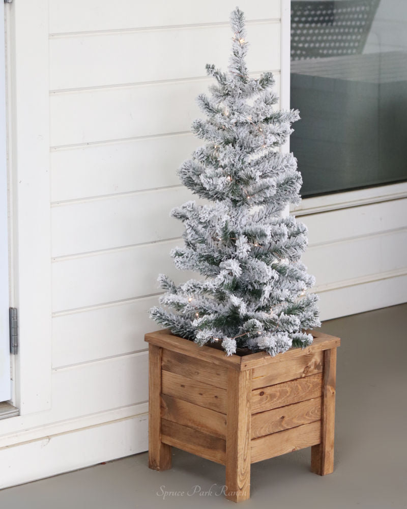 Snowy Tree In Wood Planter Large