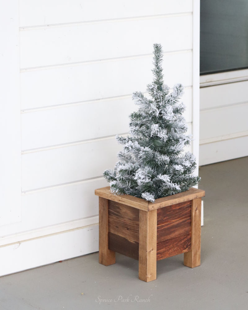 Snowy Tree In Wood Planter Small