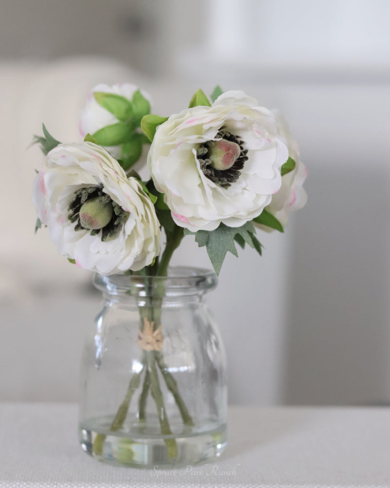 Mini White Ranunculus Bouquet in Glass Vase With Faux Water