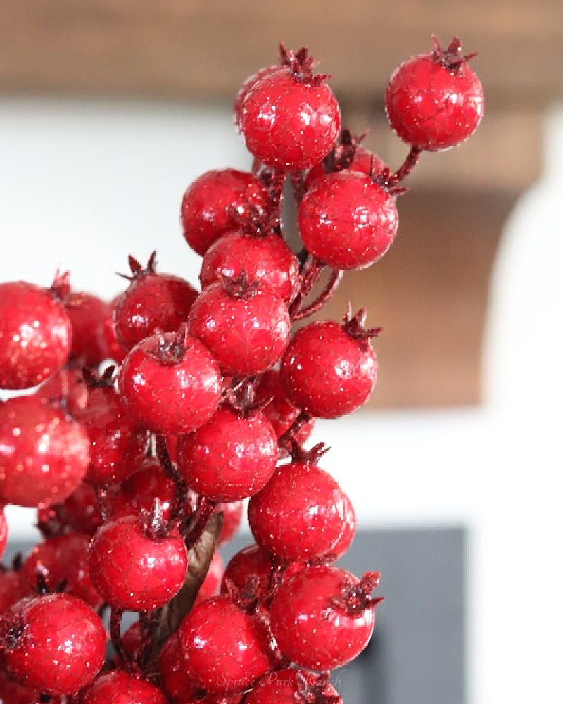 Red Crackle Glitter Rosehip Stem