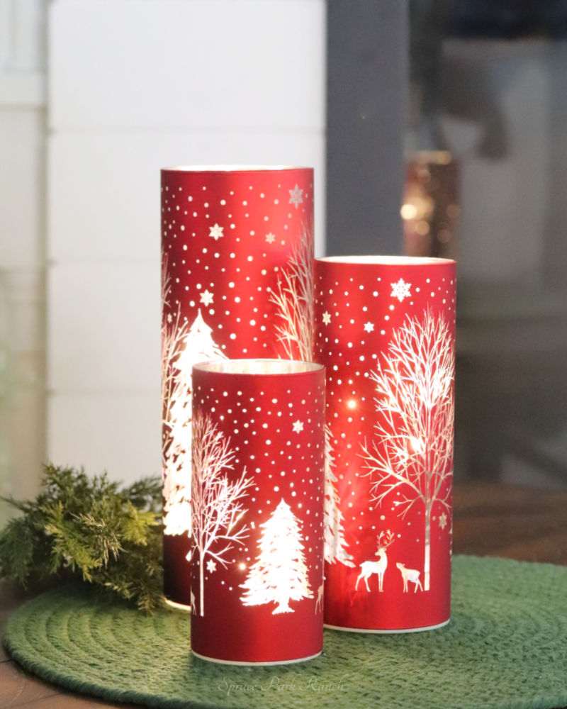 Red Laser Engraved Winter Scene LED Cylinder