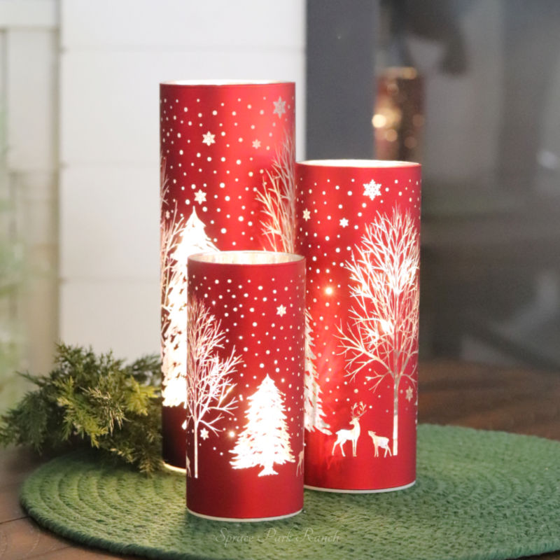 Red Laser Engraved Winter Scene LED Cylinder