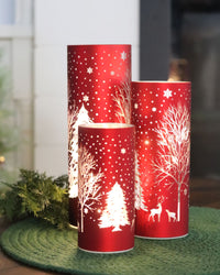 Red Laser Engraved Winter Scene LED Cylinder