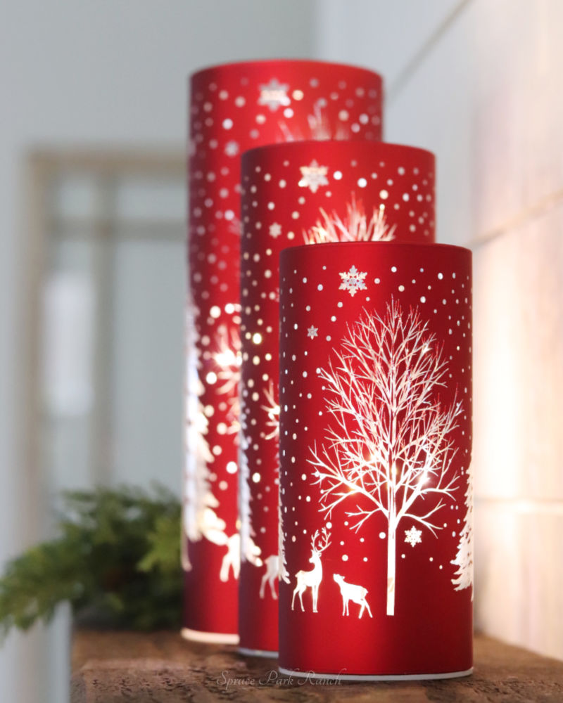 Red Laser Engraved Winter Scene LED Cylinder