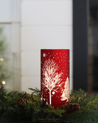 Red Laser Engraved Winter Scene LED Cylinder