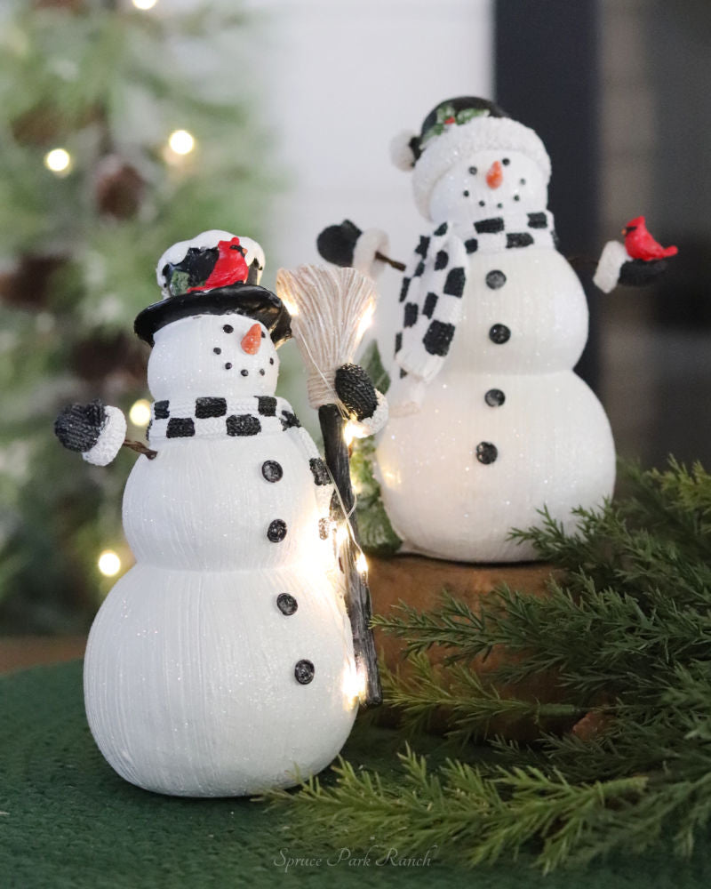 White Glittered Resin Woodgrain LED Snowman