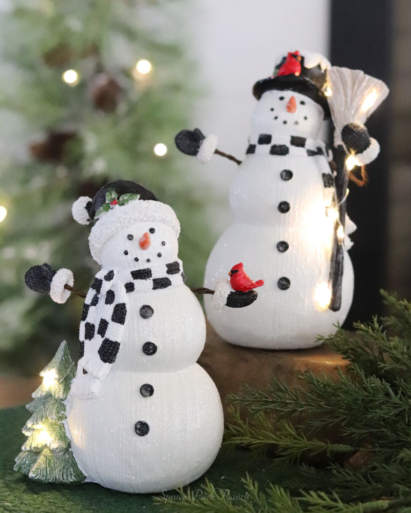 White Glittered Resin Woodgrain LED Snowman