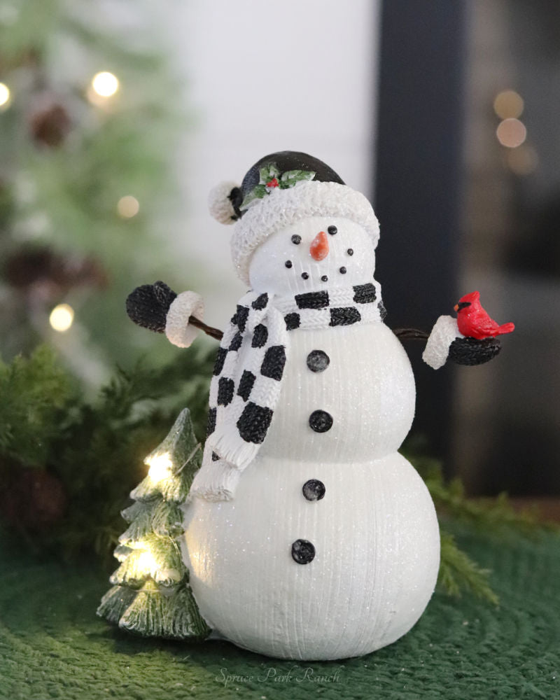 White Glittered Resin Woodgrain LED Snowman